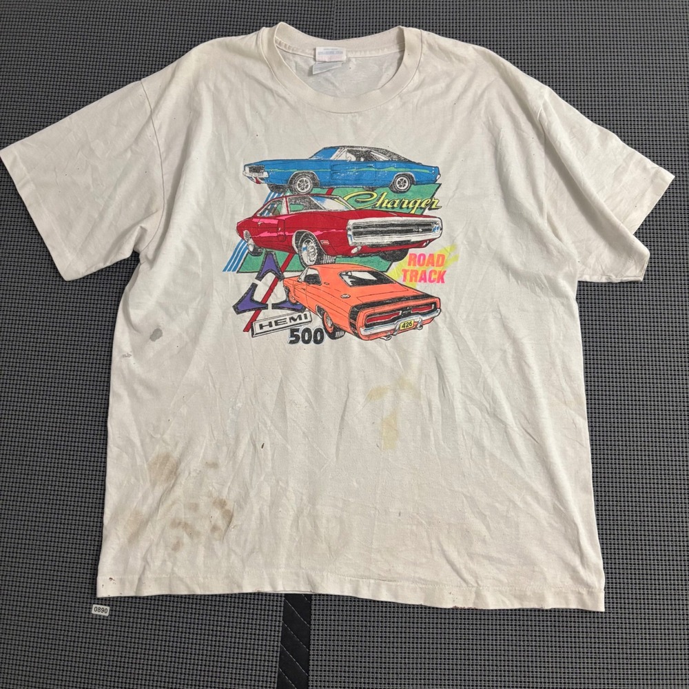 Vintage Hanes Dodge Charger Hemi 500 Muscle Car Graphic T-Shirt White Large